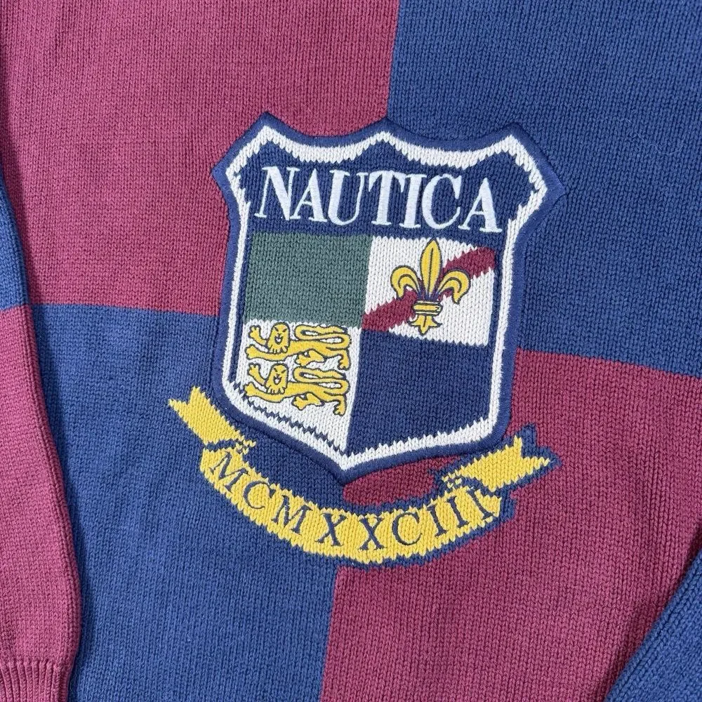 VTG 90s Nautica Preppy Sweater Red Blue‎ Color Block Crest Sz L